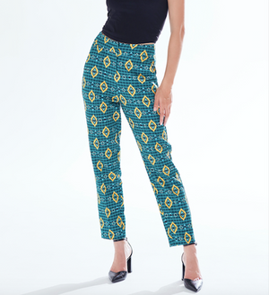 Liquorish African print suit trousers in green, yellow & navy