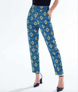 Liquorish African Print Cigarette Suit Trousers in Blue, Yellow & Navy