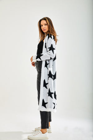 Liquorish Star Pattern Long Cardigan In White