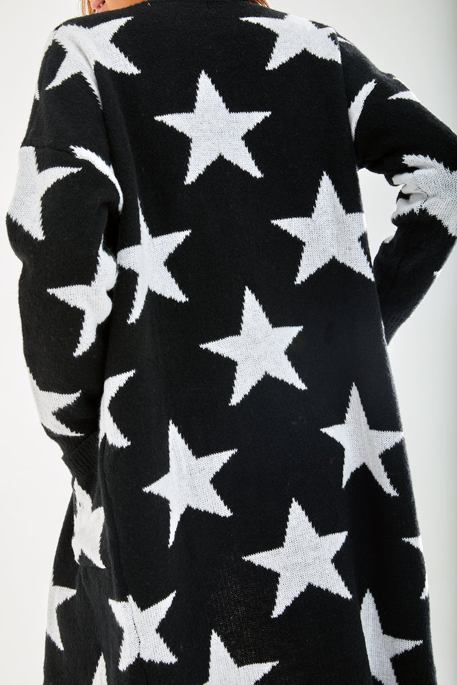 Liquorish Star Pattern Long Cardigan In Black