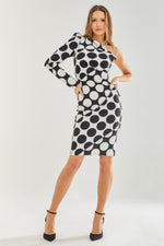 Liquorish One Sleeve Midi Dress in Black and White Spot Print