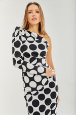Liquorish One Sleeve Midi Dress in Black and White Spot Print
