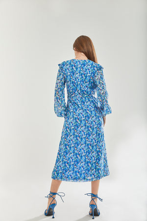 Liquorish Floral & Foil Print Midi Dress In Blue