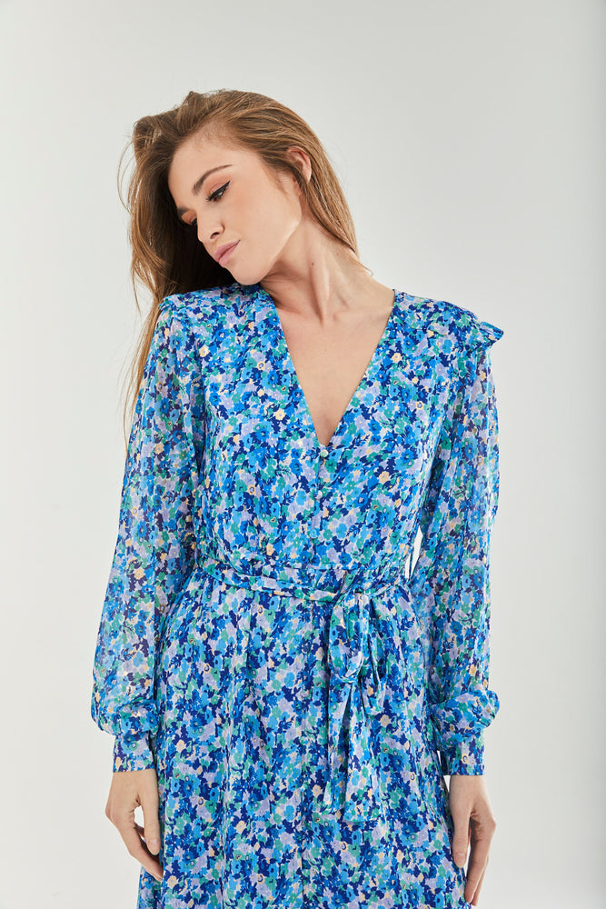 Liquorish Floral & Foil Print Midi Dress In Blue