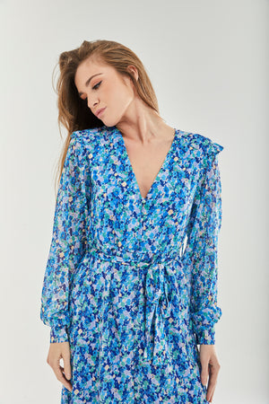 Liquorish Floral & Foil Print Midi Dress In Blue