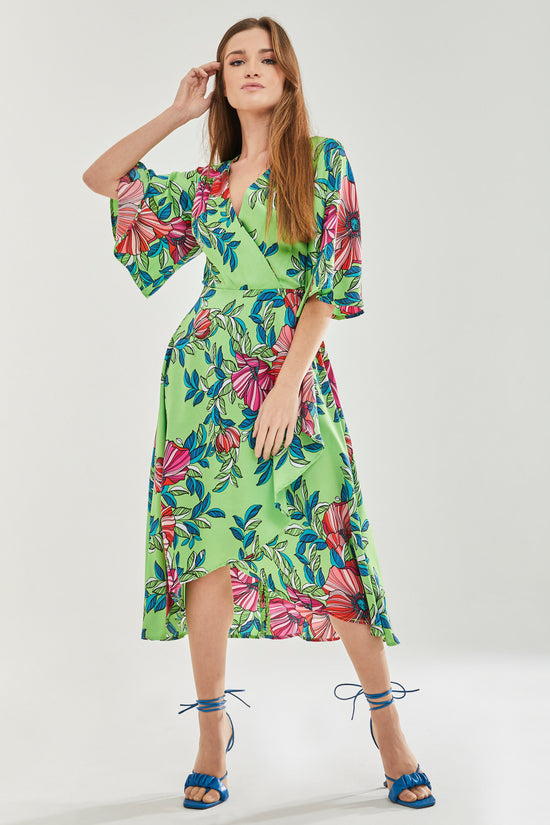 Liquorish Women's Midi Wrap Dress in Green with Flared Sleeves - Elegant Floral Design by Liquorish