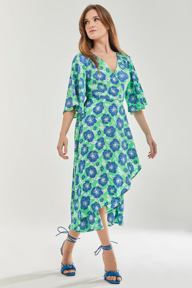 Liquorish Blue Floral Midi Wrap Dress with Kimono Sleeves in Green