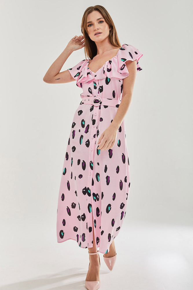 Liquorish Belted Midi Dress with Off Shoulder Sleeves in Light Pink Animal Print