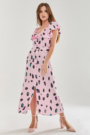 Liquorish Belted Midi Dress with Off Shoulder Sleeves in Light Pink Animal Print