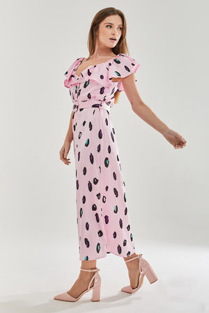 Liquorish Belted Midi Dress with Off Shoulder Sleeves in Light Pink Animal Print