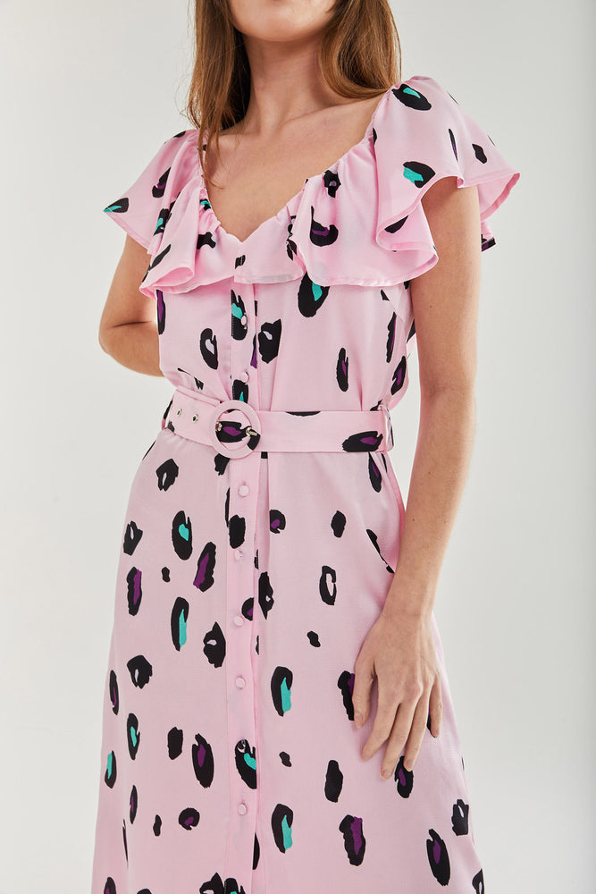 Liquorish Belted Midi Dress with Off Shoulder Sleeves in Light Pink Animal Print