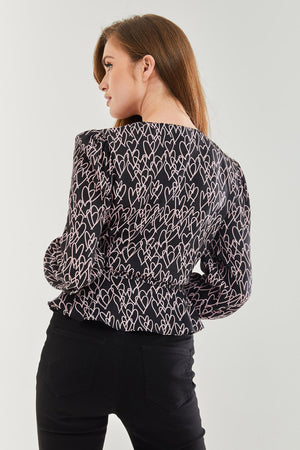 Liquorish Heart print Wrap Top in Black