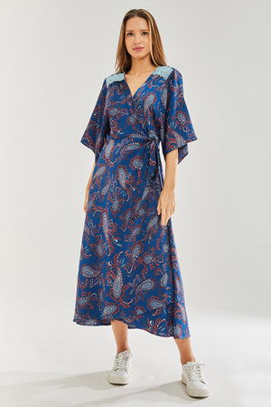 Navy Based Floral Print Maxi Wrap Dress with Blue Lace Details