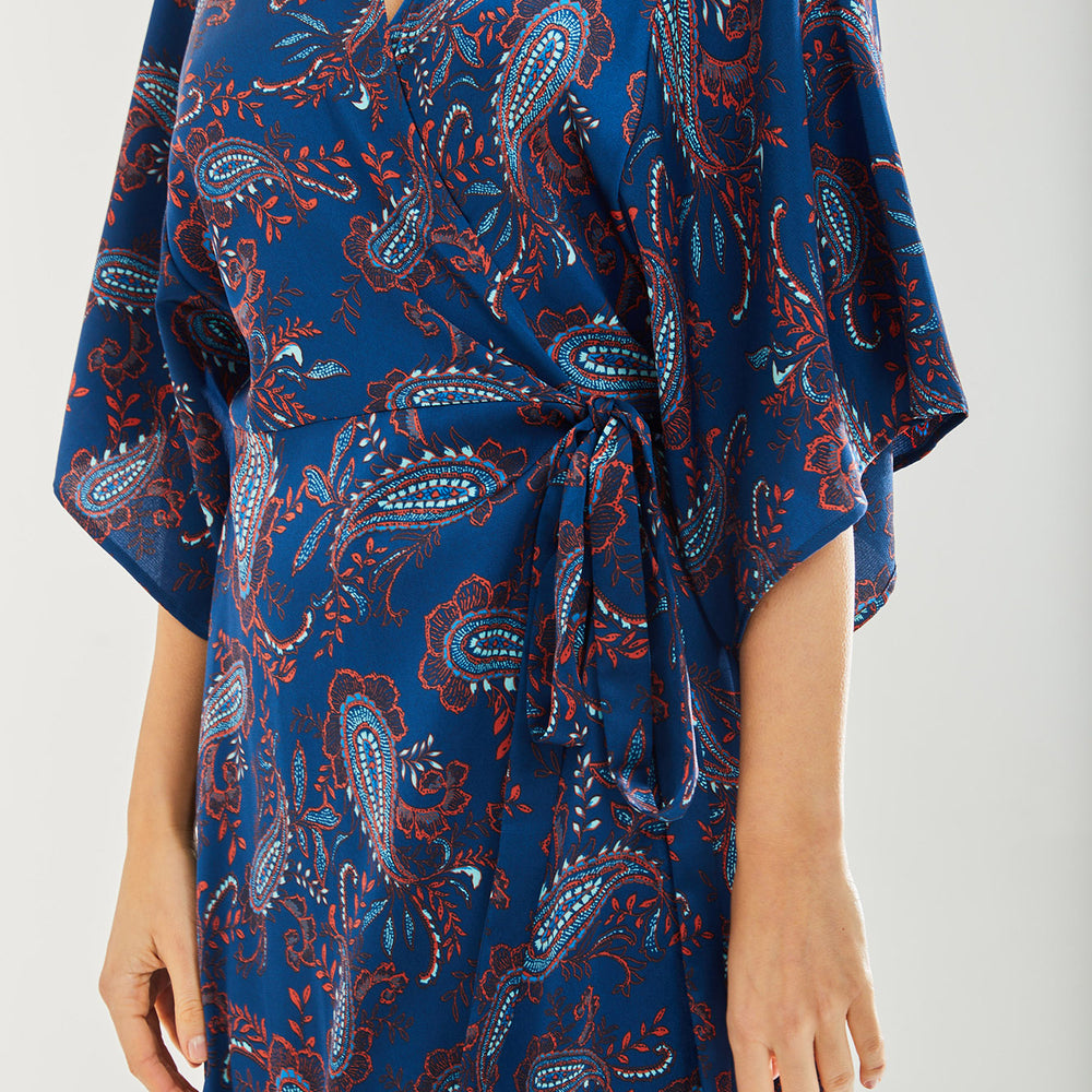 
                  
                    Liquorish Navy Based Floral Print Maxi Wrap Dress with Blue Lace Details
                  
                