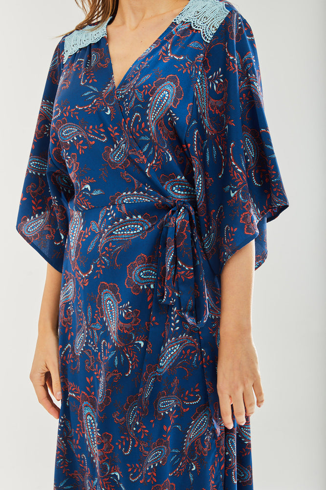 Navy Based Floral Print Maxi Wrap Dress with Blue Lace Details