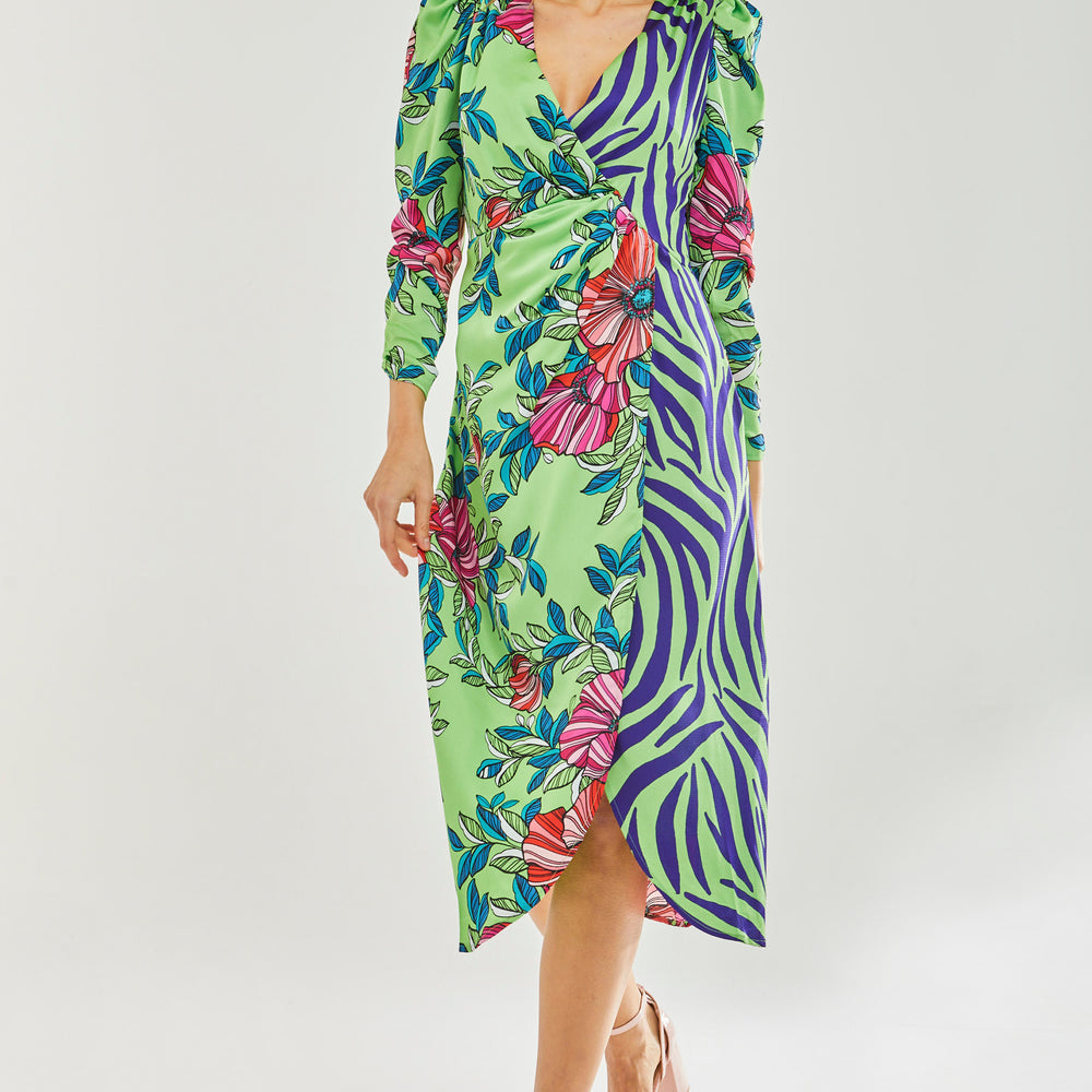 
                  
                    Liquorish Midi Dress in Floral and Animal Contrast Print with Waist Wrap Detail
                  
                