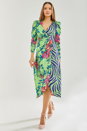 Liquorish Midi Dress in Floral and Animal Contrast Print with Waist Wrap Detail