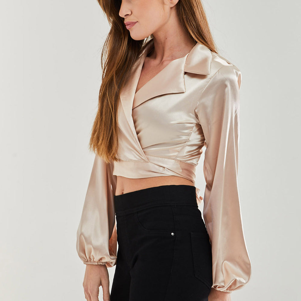 
                  
                    Women's Satin Wrap Top in Cream with Full Length Sleeves, Collar Detail, and Crop Length - Stylish and Regular Fit
                  
                