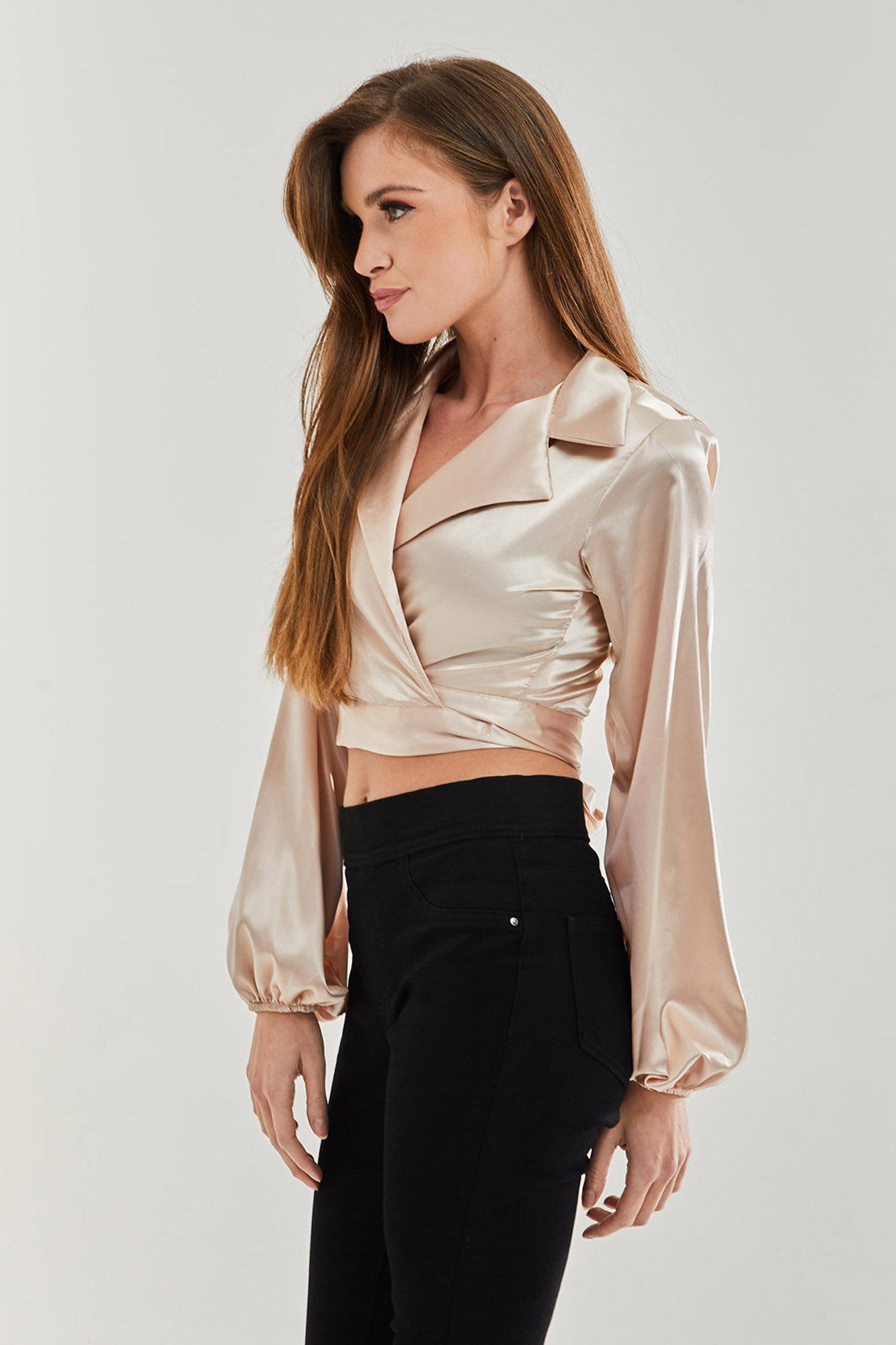 
                  
                    Women's Satin Wrap Top in Cream with Full Length Sleeves, Collar Detail, and Crop Length - Stylish and Regular Fit
                  
                
