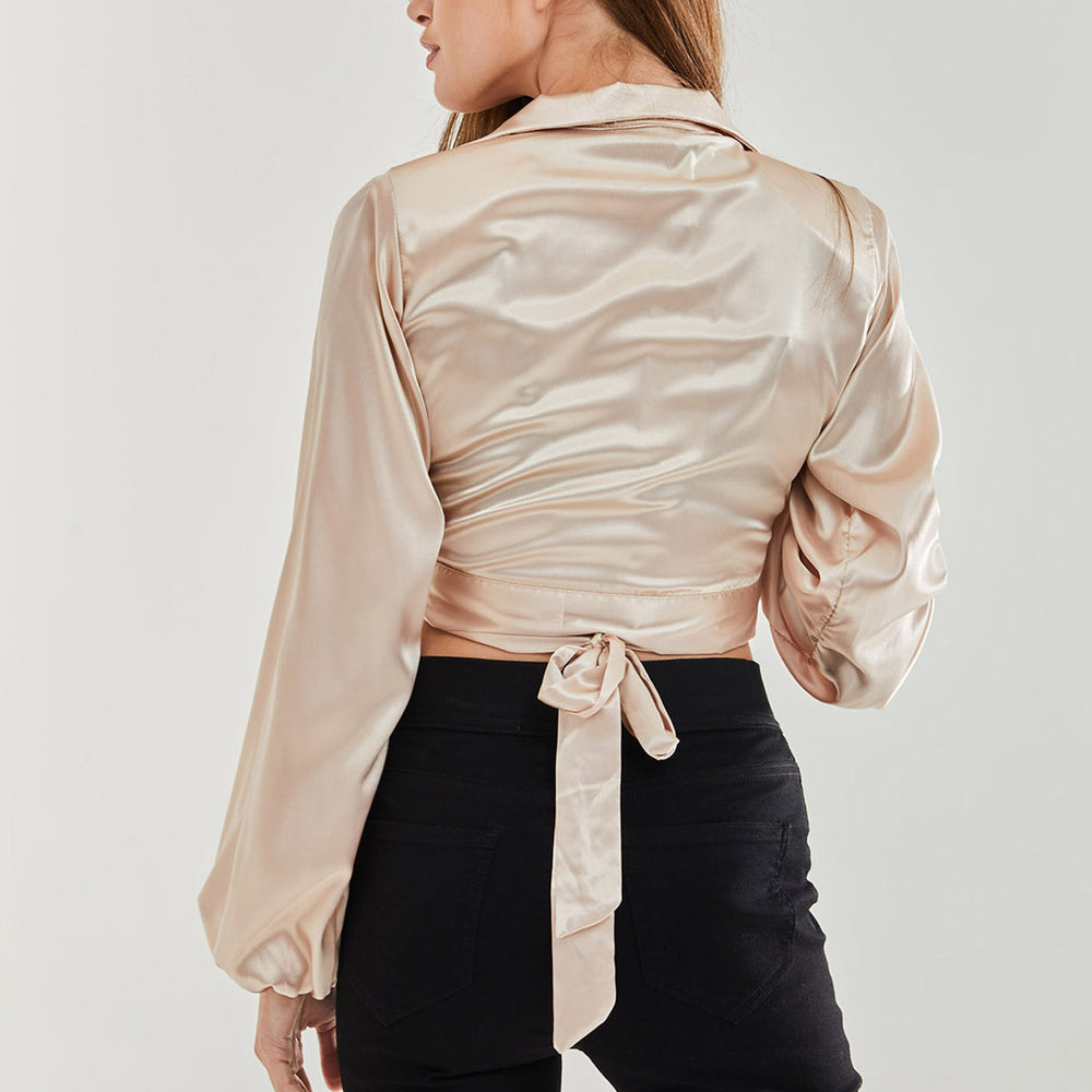 
                  
                    Women's Satin Wrap Top in Cream with Full Length Sleeves, Collar Detail, and Crop Length - Stylish and Regular Fit
                  
                