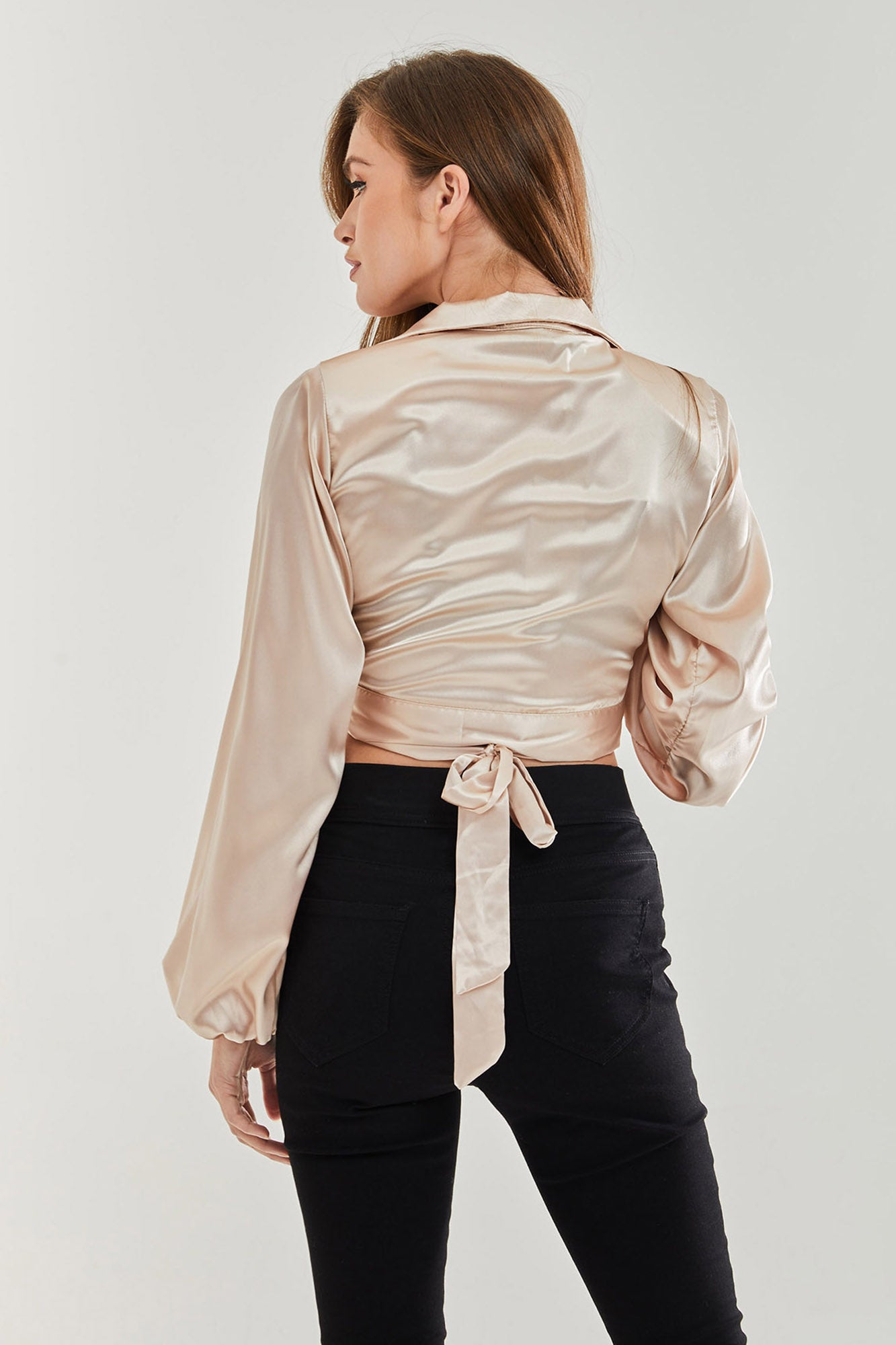 
                  
                    Women's Satin Wrap Top in Cream with Full Length Sleeves, Collar Detail, and Crop Length - Stylish and Regular Fit
                  
                