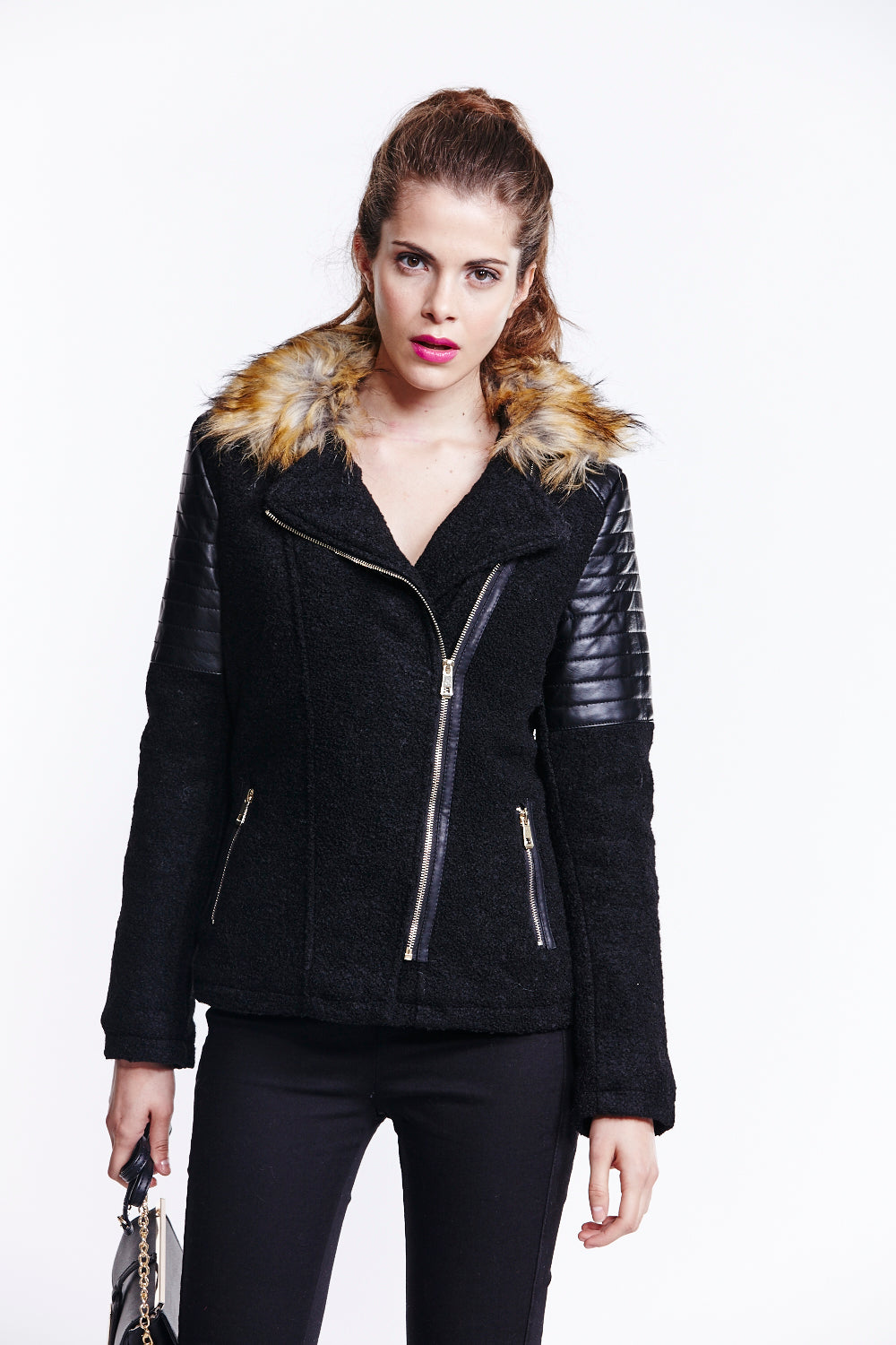 Women's Black Wool Biker Jacket with Long Sleeves and Fur Trim Collar - Liquorish